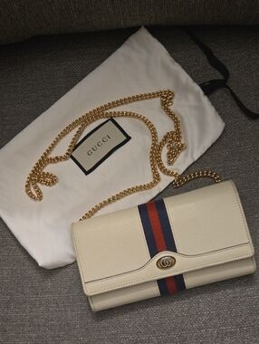 Gucci Cream Leather Chain Wallet with Web Stripe